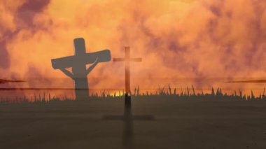 Hristiyanlığın animasyonu, bulutların arka planında yer alan manzaranın üzerinden geçer. Paskalya, gelenek, din ve inanç konsepti dijital olarak oluşturulmuş video.