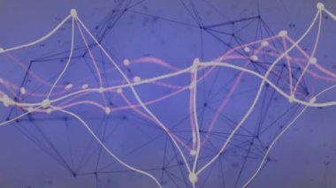 DNA iplikçiklerinin dönmesi ve mor arkaplandaki bağlantı ağının canlandırılması. Küresel bilim, bağlantılar, hesaplama ve veri işleme kavramı dijital olarak oluşturulmuş video.