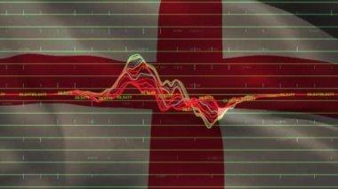 İngiltere bayrağı üzerinde veri işleme animasyonu. Küresel iş, bağlantılar, hesaplama ve veri işleme kavramı dijital olarak oluşturulmuş video.