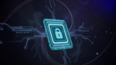 Siyah arkaplandaki asma kilit simgesi üzerinden bağlantı ağının animasyonu. Dijital olarak oluşturulmuş küresel bağlantılar, bilgisayar ve dijital arayüz kavramı.