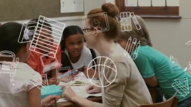 Okulda birlikte okumak, eğitim ikonları animasyonu olan bir grup çocuk ve öğretmen. takım çalışması, öğrenme, sınıf, öğrenciler, işbirliği