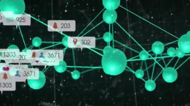 Veri işleme üzerine sosyal medya metni ve simgeleriyle bağlantı ağının animasyonu. Dijital olarak oluşturulmuş küresel sosyal medya, bağlantılar, hesaplama ve veri işleme kavramı.