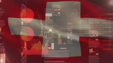 İsviçre bayrağı üzerinde veri işleme animasyonu. Küresel iş, bağlantılar, hesaplama ve veri işleme kavramı dijital olarak oluşturulmuş video.