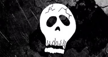 Siyah arka planda şekiller ve kafatası animasyonu. Cadılar Bayramı, kutlama ve dijital arayüz konsepti dijital olarak oluşturulmuş video.