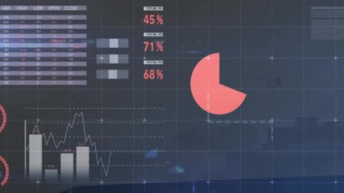 Şehir manzarası üzerinde finansal veri işleme animasyonu. Küresel finans, iş, bağlantılar, hesaplama ve veri işleme kavramı dijital olarak oluşturulmuş video.