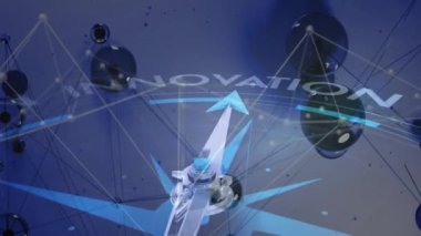 Pusula üzerinden bağlantı ağının mavi arkaplandaki metinlerle canlandırılması. Yönler, bağlantılar ve dijital arayüz konsepti dijital olarak oluşturulmuş video.