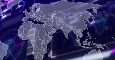 Ülke sınırları ile dünya haritasını gösteren veri işleme animasyonu. Küresel, teknoloji, görselleştirme kavramı