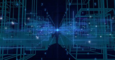 Parlak çizgiler ve numaralar dijital veri ağında yapay zekayı temsil ediyor. Teknoloji, fütüristik, yapay zeka, siber, yenilik, soyut