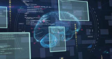 Dijital beyin üzerinde veri işleme ve dijital ekranların görüntüsü. İş, teknoloji ve dijital arayüz kavramı dijital olarak oluşturuldu.