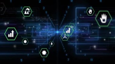 Siyah arkaplandaki bağlantı ağı üzerinden simgelerle veri işleme animasyonu. Küresel teknoloji, bilgisayar ve dijital arayüz kavramı dijital olarak oluşturulmuş video.