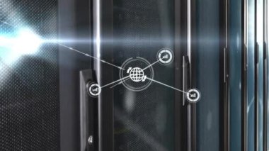 Sunucu odasındaki simgelerle bağlantı ağının animasyonu. Küresel teknoloji, hesaplama, bağlantılar ve dijital arayüz konsepti dijital olarak oluşturulmuş video.