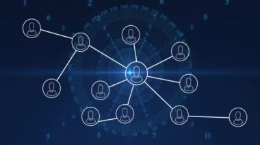 Siyah arkaplanda veri işleme üzerine simgelerle bağlantı ağının animasyonu. Küresel teknoloji, hesaplama, bağlantılar ve dijital arayüz konsepti dijital olarak oluşturulmuş video.
