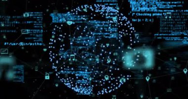 Tüm dünyada dijital veri işleme animasyonu. Dijital olarak oluşturulmuş küresel bağlantılar, hesaplama ve veri işleme kavramı.