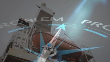 Limanda hareket eden pusula animasyonu. Teknoloji, seyahat, hedef ve dijital arayüz konsepti dijital olarak oluşturulmuş video.