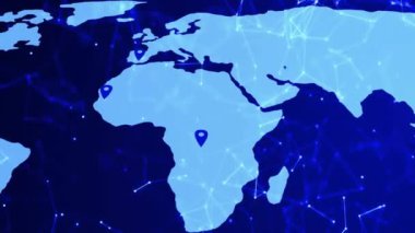 Dünya haritası üzerinde bağlantılar ve veri işleme ağının animasyonu. Dijital olarak oluşturulmuş küresel bağlantılar, hesaplama ve veri işleme kavramı.
