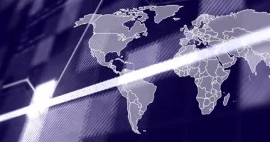 Dünya haritası ve veri işleme üzerinden bağlantı ağının animasyonu. Teknoloji ve dijital arayüz kavramı dijital olarak oluşturuldu.