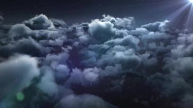 Gökyüzündeki bulutların üzerindeki ışık noktalarının animasyonu. Şekiller, renkler ve arka plan konsepti dijital olarak oluşturulmuş video.