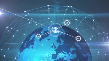 Dünya üzerindeki simgelerle bağlantı ağının animasyonu ve siyah arkaplanda ışık izleri. Küresel teknoloji, hesaplama, bağlantılar ve dijital arayüz konsepti dijital olarak oluşturulmuş video.