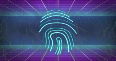 Mor arkaplandaki çizgilerin üzerinde parmak izi animasyonu. Küresel teknoloji, çevrimiçi güvenlik, bilgisayar ve dijital arayüz kavramı dijital olarak oluşturulmuş video.