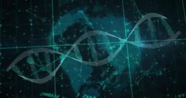 Karanlık arka plandaki DNA iplikçiklerinin üzerinde bilimsel veri işleme animasyonu. Küresel bilim, bağlantılar, hesaplama ve veri işleme kavramı dijital olarak oluşturulmuş video.