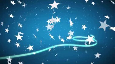 Mavi kurdele üzerinde kar ve yıldızların canlandırılması mavi arka planda noel ağacı oluşturur. Noel, gelenek ve kutlama konsepti dijital olarak oluşturuldu.