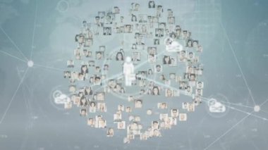 Mavi zemin üzerinde çeşitli portreler bulunan simgelerle bağlantı ağının animasyonu. Dijital olarak oluşturulmuş küresel bağlantılar, bilgisayar ve dijital arayüz kavramı.