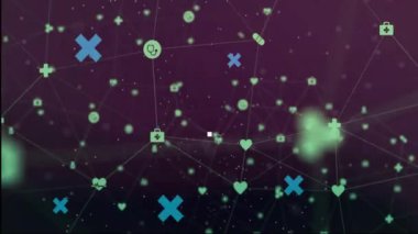 Bağlantı ağı üzerinden neon şekillerin animasyonu. Sosyal medya, teknoloji ve dijital arayüz kavramı dijital olarak oluşturulmuş video.