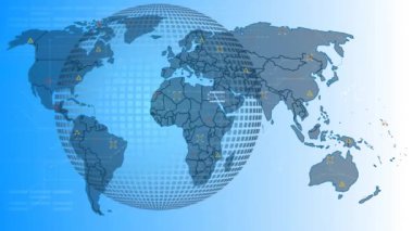 Dünya haritası ve dünya çapında bağlantı ve veri işleme ağının animasyonu. Dijital olarak oluşturulmuş küresel bağlantılar, hesaplama ve veri işleme kavramı.