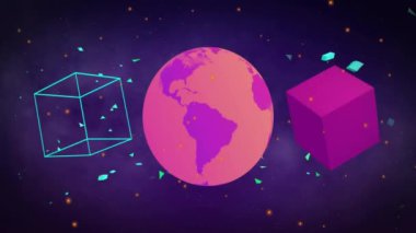 Siyah arkaplan üzerinde şekillerin ve kürenin animasyonu. Desen, teknoloji ve dijital arayüz kavramı dijital olarak oluşturulmuş video.