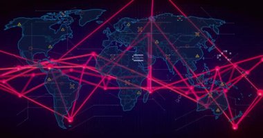 Karanlık arka planda bilimsel veri işleme animasyonu. Küresel bilim, araştırma, bağlantılar, hesaplama ve veri işleme kavramı dijital olarak oluşturulmuş video.