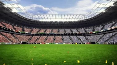 Boş stadyumun üzerine düşen konfeti animasyonu. Spor, yarışmalar ve dijital olarak üretilen kutlama konsepti.