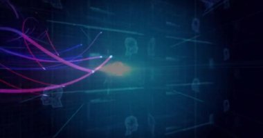 Bilgisayar devre kartının animasyonu ve kara arkaplandaki ışık yollarının üzerinde veri işlemesi. Küresel teknoloji, bağlantılar, hesaplama ve dijital arayüz kavramı dijital olarak oluşturulmuş video.