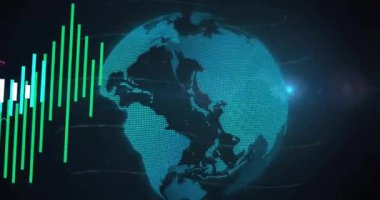 Çubuk ve çizgi grafikleriyle dönen dünya üzerinde finansal veri analizi. Finans, çubuk grafik, küresel ekonomi, istatistik, teknoloji