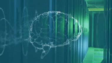 Bilgisayar sunucuları üzerinde insan beyninin ve DNA 'nın animasyonu. Küresel bilim, bağlantılar, hesaplama ve veri işleme kavramı dijital olarak oluşturulmuş video.