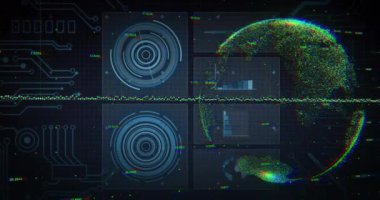 Karanlık arka planda bilimsel veri işleme ve küreyi canlandırma. Küresel bilim, araştırma, bağlantılar, hesaplama ve veri işleme kavramı dijital olarak oluşturulmuş video.