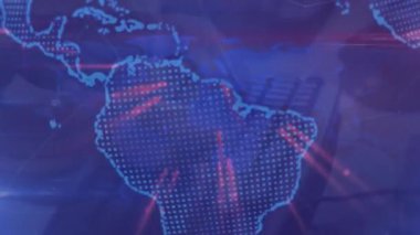 Kafkasyalı iş adamının bilgisayar kullanarak dünyayı döndürmesinin animasyonu. Teknoloji, iş ve dijital arayüz kavramı dijital olarak oluşturulmuş video.