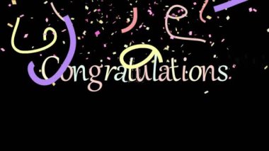 Konfetilerin düşüşüyle ilgili tebrik mesajının animasyonu. Parti, teknoloji ve dijital arayüz kavramı dijital olarak oluşturuldu.