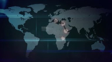 Dünya haritası üzerindeki simgelerle bağlantı ağının animasyonu. Dijital olarak oluşturulmuş küresel bağlantılar, hesaplama ve veri işleme kavramı.