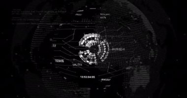 Veri işleme animasyonunun siyah arka planda dünya üzerinde gerçekleşmesi. küresel teknoloji, bilgisayar ve dijital arayüz kavramı dijital olarak oluşturulmuş video.