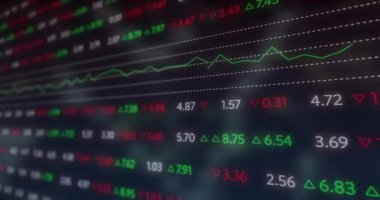 Animation of financial data processing on black background. Global finances, computing and digital interface concept digitally generated video.