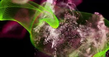 Koyu arkaplanda pembe ve beyaz parçacıklar üzerinde yeşil dalga animasyonu. Soyut, dijital, hareket, fütüristik, neon, parlayan