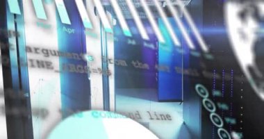 Sunucu odasında veri işleme animasyonu. Küresel teknoloji, hesaplama, bağlantılar ve dijital arayüz konsepti dijital olarak oluşturulmuş video.