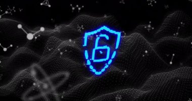 Siyah arkaplandaki dalgalar üzerinde asma kilit simgesi ve moleküllerin canlandırılması. Dijital olarak oluşturulmuş küresel bağlantılar, bilgisayar ve dijital arayüz kavramı.