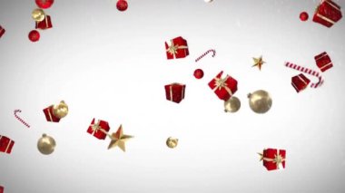 Karların üzerine düşen Noel hediyelerinin animasyonu. Noel, kutlama ve dijital arayüz kavramı dijital olarak oluşturulmuş video.