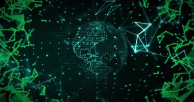 Veri işleme ve dünya üzerindeki bağlantı ağının animasyonu. Dijital olarak oluşturulmuş küresel bağlantılar, hesaplama ve veri işleme kavramı.