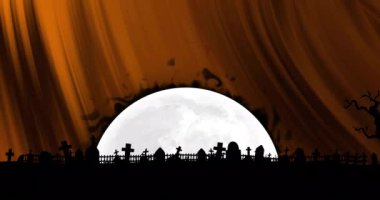 Siyah arka planda ay olan şekillerin ve mezarlığın animasyonu. Cadılar Bayramı, kutlama ve dijital arayüz konsepti dijital olarak oluşturulmuş video.