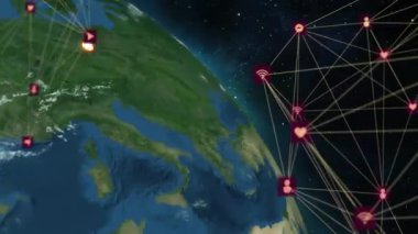Dünya üzerindeki simgelerle bağlantı ağının animasyonu. İş, teknoloji ve dijital arayüz kavramı dijital olarak oluşturuldu.