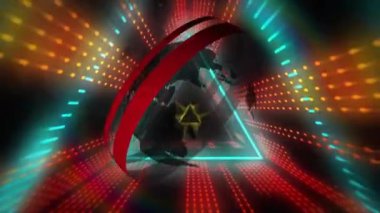 Siyah zemin üzerinde neon desenli animasyon. Küresel video oyunu, dijital arayüz, iletişim, bilgisayar ve veri işleme kavramı dijital olarak oluşturuldu.