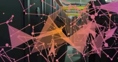 Bilgisayar sunucuları üzerinden bağlantı ve dijital veri işleme animasyonları. Dijital olarak oluşturulmuş küresel bağlantılar, hesaplama ve veri işleme kavramı.