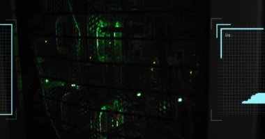 Bilgisayar sunucuları üzerinden biyometrik fotoğraf ve dijital veri işleme animasyonu. Dijital olarak oluşturulmuş küresel bağlantılar, hesaplama ve veri işleme kavramı.